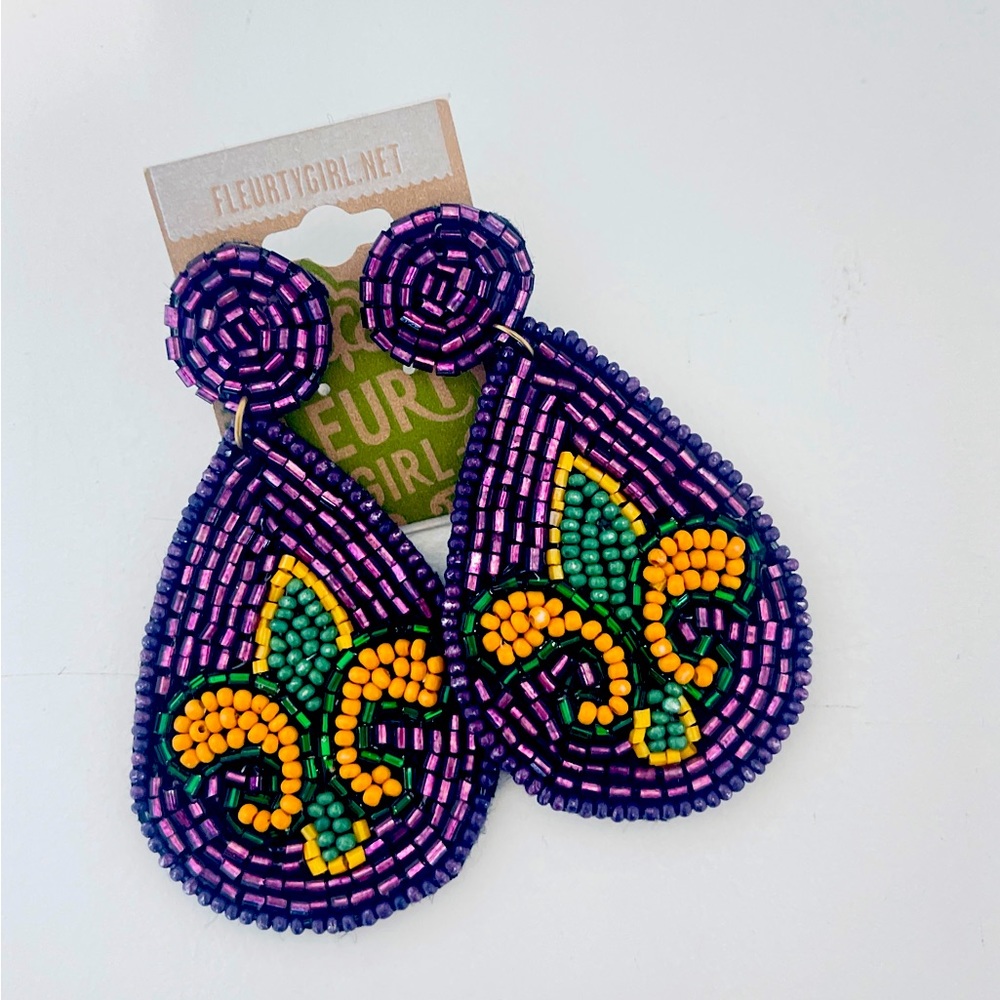 Mardi Gras Beaded , Tear Drop Earrings